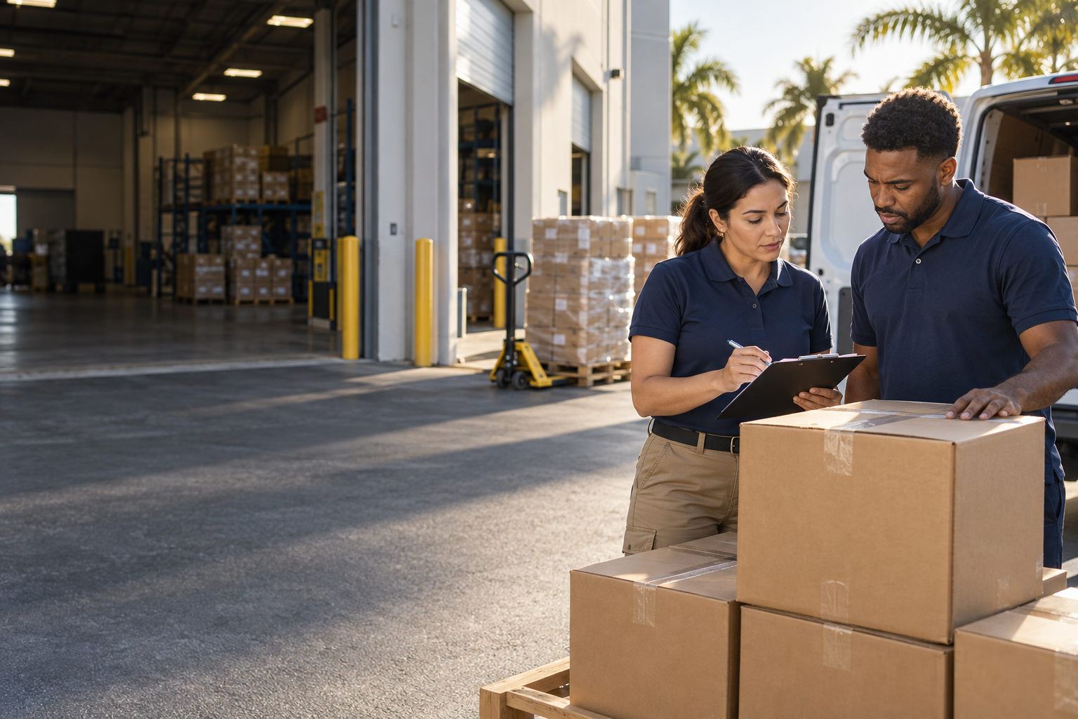 Illustrative scene of logistics professionals coordinating supplies at a distribution center